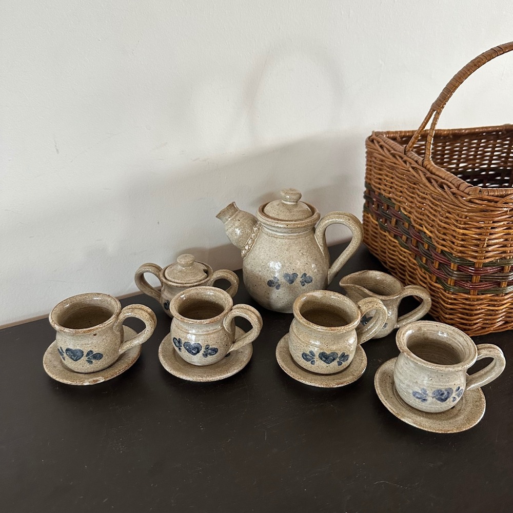 VTG Rowe Pottery Miniature Tea Set Salt Glazed Stoneware Blue Heart Cottagecore